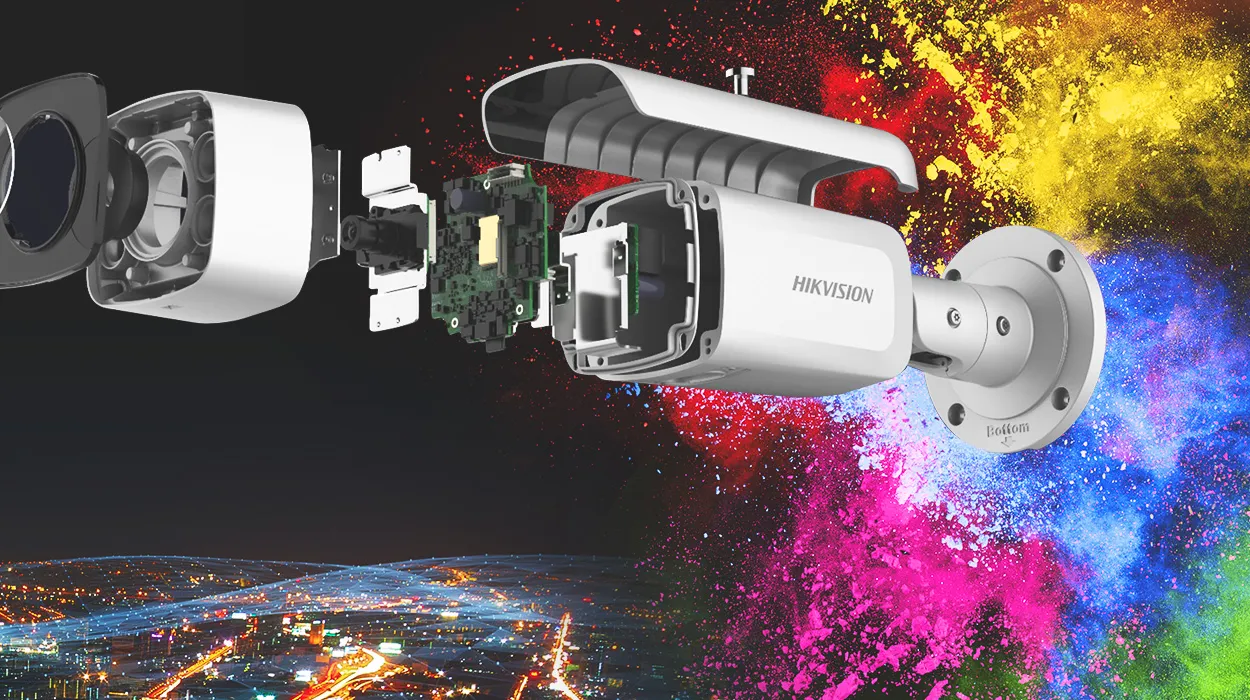 Cámara Hikvision ColorVu en despiece con explosión de color