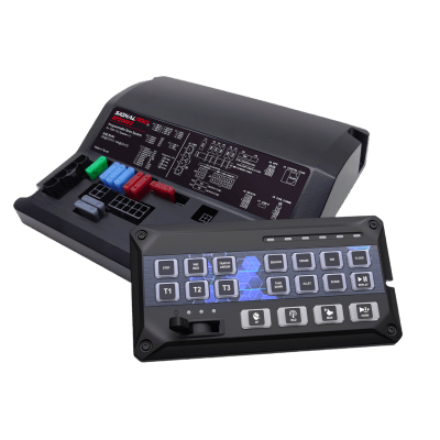 Sirena Vehicular de 200W de Potencia, Programable, Con Controlador de Panel Deslizante de 19 botones, indicador de flecha de tráfico de 6 LED, 12 Salidas Auxiliares — SIGNALPRO · SKU SP204RV2