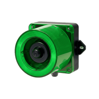 Combinacion de baliza LED color Verde y sirena electrónica de 31 tonos resistente a la intemperie de volumen máx. 123 dB a 12-24 VCD — QLIGHT · SKU QWCD50-012024-G-LC