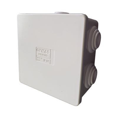 Caja Estanca de PVC Para Derivación y Conexión, 6 Entradas, Tapa a Presión, 80×80×40 mm (Mayor Área Interna, Uso Exterior IP44, Material que no Propaga el Fuego y Libre de Hálogenos — GEWISS · SKU GW-44-003