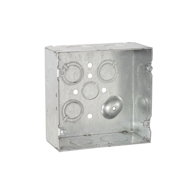 Caja Cuadrada 4 11/16" x 4 11/16"/ Profundidad 2- 1/8"/ 4 Entradas 1", 4 Entradas 3/4", 1 Entrada 1/2" y 3 TKO (1/2"-3/4"). — RACO · SKU HUB-265