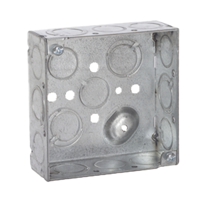 Caja Cuadrada 4 x 4"/Profundidad 1- 1/2"/ 10 Entradas de 1/2" y 6 TKO (1/2"-3/4"). — RACO · SKU HUB189