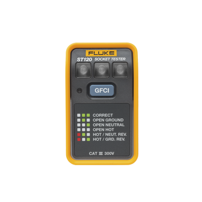 Probador de Tomacorriente Eléctrico Estándar o GFCI, Con LEDs de Alto Brillo y Gráfico Incluido Para Verificar Rápida y Fácilmente el Cableado  — FLUKE · SKU ST120