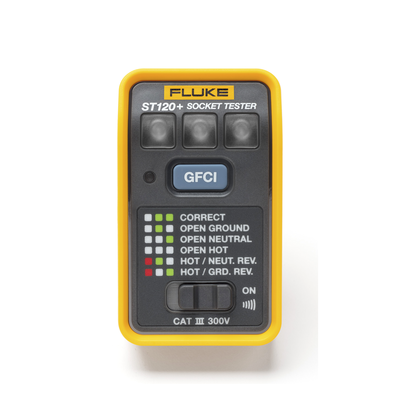 Probador de Tomacorriente Eléctrico Estándar o GFCI con Señal Acústica, Con LEDs de Alto Brillo y Gráfico Incluido Para Verificar Rápida y Fácilmente el Cableado  — FLUKE · SKU ST120+
