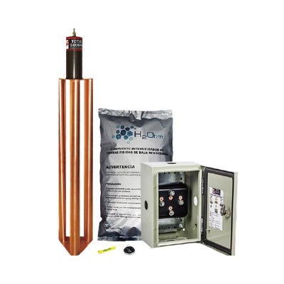 Kit de puesta a tierra de 100 Amperes con Electrodo, Filtro, Acoplador y Compuesto H2Ohm. — TOTAL GROUND · SKU TG-100K