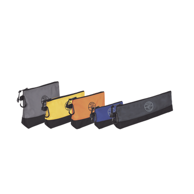 KIT 5 Bolsos Ultra Resistentes para Herramientas con Base y cierre Zipper, Colores: gris claro, amarillo, naranja, azul, gris oscuro. Todos con Mosquetones de Aluminio. — KLEIN TOOLS · SKU 55569