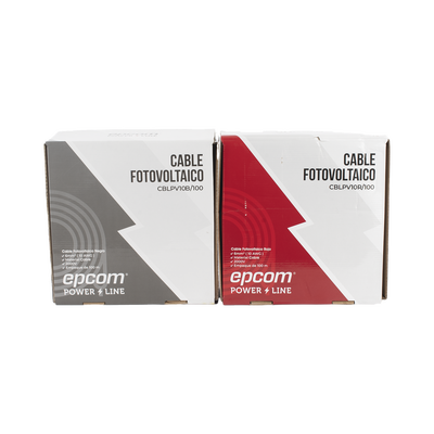 Kit de 2 rollos de 100 metros de cable fotovoltaico de cobre, rojo y negro, calibre 10 AWG (6mm²), Tipo PV,  1000/2000 V y 120°C. — EPCOM POWERLINE · SKU KIT2CBLPV10RB/100