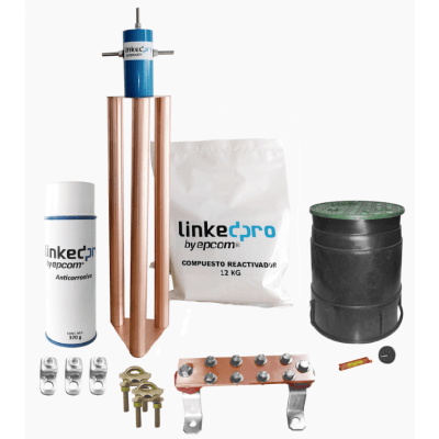 Kit Puesta a Tierra 200A / Electrodo Cobre Electrolítico / Diseño Delta / Filtro Equipotencial / Compuesto 12 kg / Barra Unión + Conectores + Registro — LINKEDPRO BY EPCOM · SKU LPGROUND200AKIT