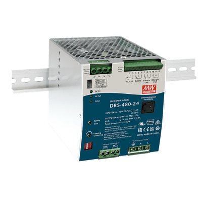 Fuente de Poder Industrial de 480W con Cargador de Baterías, salida 24Vcc, 20A, para montaje Riel Din — MEANWELL · SKU DRS48024