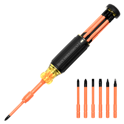 Destornillador Aislado 6-en-1 Auto-Lock / Aislado 1000V CAT III / Almohadilla de agarre / Almacenamiento de brocas integrado / Bits Philips #1 #2 / Slotted 3/16" 1/4" / Square #1 #2 — KLEIN TOOLS · SKU 32306-INS