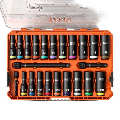 Juego de Dados de Impacto KNECT™ (M) / 3/8" Drive Profundo / SAE y Métrico / 23 Piezas / Adapters Multi-Propósito / MODbox™ Case — KLEIN TOOLS · SKU 65121-IMPCT