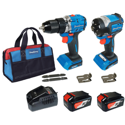 Kit Taladro Percutor y Atornillador de Impacto 20V / Motor Brushless / 2 Baterías 4.0Ah Li-ion / Cargador y Bolsa de Transporte — DONGCHENG · SKU DNG-KTP01
