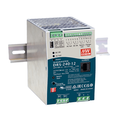 Fuente de Poder Industrial de 240W con Cargador de Baterías, salida 12Vcc, 20A, para montaje Riel Din — MEANWELL · SKU DRS24012
