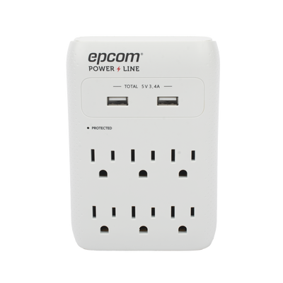 Multicontacto de Pared 110 Vca / Supresor de Picos 1080 Joules / 6 x Nema 5-15P / 2 x USB (5V @3.4A)  — EPCOM POWERLINE · SKU EPLSPWUSB