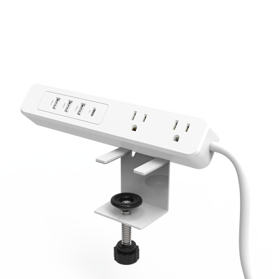 Multicontacto con Montaje para Escritorio / Carga Rápida para 65 W / 2 x Nema 5-15P / 3 x USB-A (5V @3A) / 1 x USB-C (65W) — EPCOM POWERLINE · SKU EPLCLAMPOW