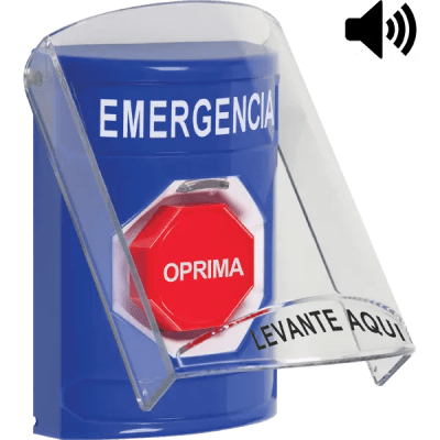​Botón Multipropósito, Color Azul, De Superficie, Con Tapa De Policarbonato, Con Bocina Pre Alarma, Solo Interior, Llave Para Restablecer, Texto De Emergencia, Español — STI · SKU SS24A2EM-ES