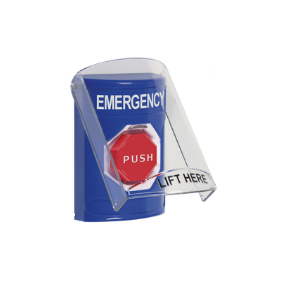 Botón Multipropósito, Color Azul, De Superficie, Con Tapa De Policarbonato, Con Bocina Pre Alarma, Para Interior, Llave Para Restablecer, Texto De Emergencia, Ingles — STI · SKU SS24A2EM-EN