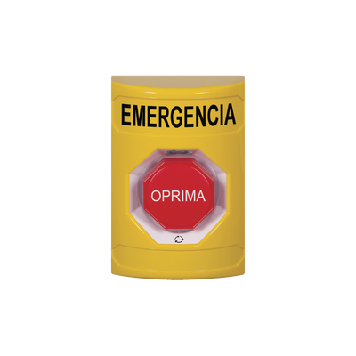 Botón de Emergencia en Español, Color Amarillo, Acción Mantenida, Girar para Restablecer y LED Multicolor — STI · SKU SS2209EM-ES