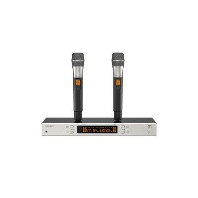 Sistema de Micrófono Inalámbrico UHF / 2 Canales / Micrófono de Mano / Frecuencia 821-942 MHz / Distancia 100 m / Salida Balanceada y No Balanceada / Sincronización Infrarroja / Recepción True Diversity — HIKVISION · SKU DS-QAPMKHC2-2U