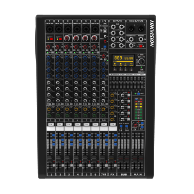 Consola de Mezcla Analógica | 8 Canales | 6 Entradas Mic/Línea | 12 Salidas | DSP Efectos | USB Media | Bluetooth | Montaje en Rack — HIKVISION · SKU DS-QAPMCR8-A
