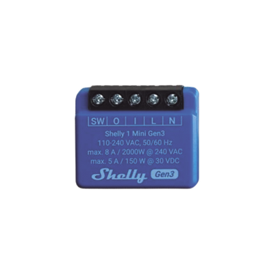 Mini Relevador inalámbrico inteligente, 1 salida de contacto seco, compatible con asistentes de voz Alexa y GoogleHome — SHELLY · SKU SHELLY1MINIGEN3