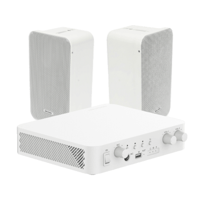 Kit de amplificador con bluetooth | 2 altavoces para pared | Sistema 100V |  2 Canales con Control de volumen Independiente |  Música Ambiental — HIKVISION · SKU DS-QAE-KIT-0420G