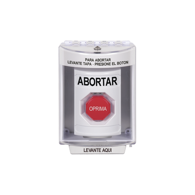 Botón de Abortar, Bocina de Advertencia Integrada, Texto en Español, Tapa Protectora de Policarbonato Súper Resistente con Espaciador, Restablecimiento con Llave — STI · SKU SS2382AB-ES