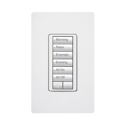 (RadioRA2) Teclado Seetouch Hibrido 6 botones, 2 botones subir/bajar, programe escenas diferentes en cada botón,puede instalarse en un interruptor de luz. — LUTRON ELECTRONICS · SKU RRDHN6BRLWH