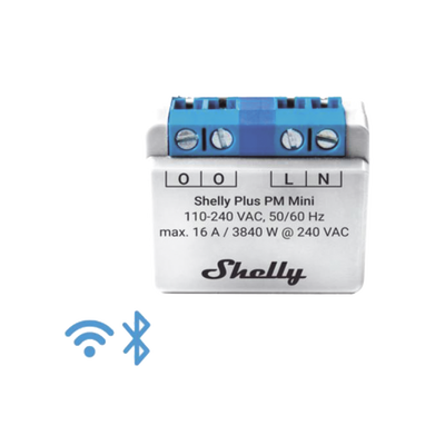 El medidor de potencia más pequeño,  inteligente con Wi-Fi, medición de consumo, 1 canal 16A, — SHELLY · SKU SHELLYPLUSPMMINI