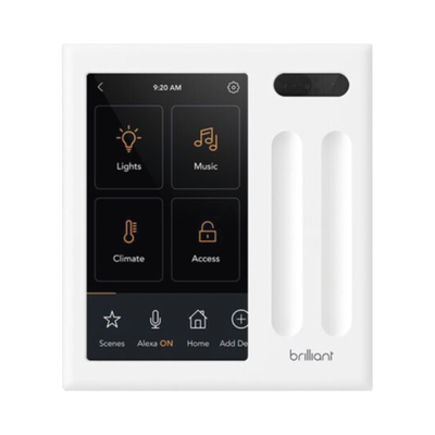 Control touch desde su pantalla en pared, compatible con 2 cargas para controlar iluminación. — BRILLIANT · SKU BHA120USWH2C