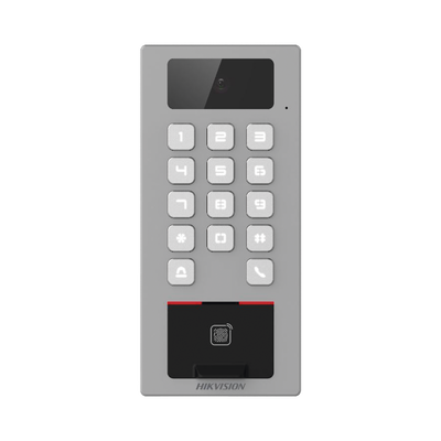 Terminal de Control de Acceso / Videoportero Multiapartamento Llamada a App / Teclado / Exterior Antivandálico IP65 & IK09 / Huella, Tarjeta, Código QR, PIN o App Hik-Connect  / Cámara 2 MP compatible con NVRs — HIKVISION · SKU DS-K1T502DBFWX-C