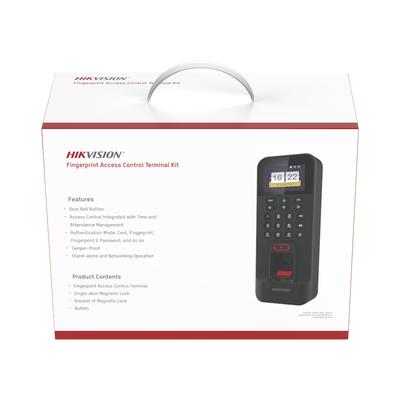 Kit de Control de Acceso TODO INCLUIDO con Lector de Huellas y Tarjetas / 3,000 Huellas / Compatible con App Hik-Connect / Incluye Electroimán  Botón de Salida y Montajes Z y L para imán (DS-K1T804) — HIKVISION · SKU DS-KAS261