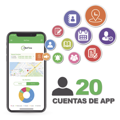 Licencia para realizar checadas de asistencia desde Smartphone (APP) con envío de fotografía y ubicación por GPS / Compatible con BIOTIMEPRO / Licencia para 20 usuarios — ZKTECO · SKU BIOTIMEAPP20