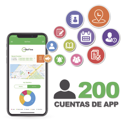 Licencia para realizar checadas de asistencia desde Smartphone (APP) con envío de fotografía y ubicación por GPS / Compatible con BIOTIMEPRO / Licencia para 200 usuario — ZKTECO · SKU BIOTIMEAPP200