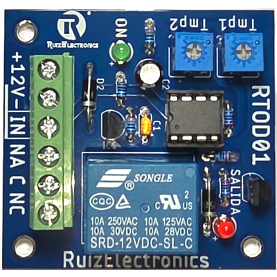 Tarjeta Temporizadora RTOD01 / Retardo 0-60 segundos / Duración 0-60 segundos / Alimentación 12VDC / Salida Relevador NA-NC-C / Indicadores LED — Ruiz Electronics · SKU RTOD01