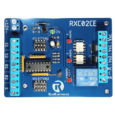 Controlador de Esclusas 2 Puertas / Alimentación 12VDC / Temporizadores Programables 0-30 seg / Entradas NC y NA / Salidas de Pulso 2 seg / Función Emergencia — Ruiz Electronics · SKU RXC02CE