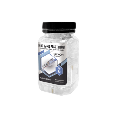 Bote con 100 Plugs Pass Through RJ45 Cat6 sin Blindaje, Chapado de Oro a 30 Micras para Durabilidad Extrema — LINKEDPRO BY EPCOM · SKU TC6-PASS
