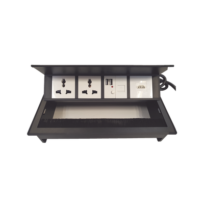 Caja Horizontal Tipo Hub para Escritorio Color Negro, con 1 Puerto HDMI Hembra-Hembra, 1 Puerto RJ45 Cat6, 2 Puertos USB (Solo Carga), y 2 Contactos Eléctricos Universales — THORSMAN · SKU THMC-HBOX