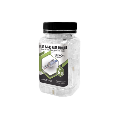 Bote con 100 Plugs Pass Through RJ45 Cat5e sin Blindaje, Chapado de Oro a 30 Micras para Durabilidad Extrema — LINKEDPRO BY EPCOM · SKU TC5-PASS