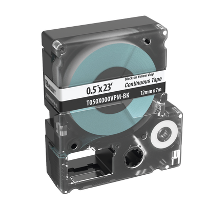 Casete de Etiquetas de Vinilo de Cinta Continua, Color Negro Sobre Blanco, Uso Interior/Exterior, 12 (0.5 Pulgadas) mm de Ancho x 7 Metros (22.97 Pies) de Largo — PANDUIT · SKU T050X000VPM-BK