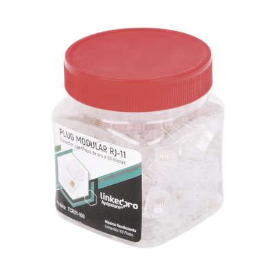 Bote con 100 Piezas de Plug Modular Tipo RJ11 de 4 Contactos Chapado de Oro a 50 Micras — LINKEDPRO BY EPCOM · SKU TCRJ11-100