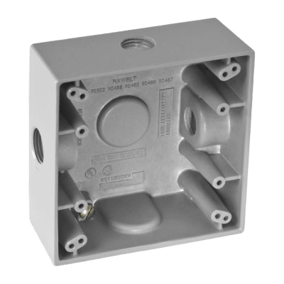 Caja Cuadra de 1/2" a Prueba de  Intemperie/ Cuenta con 3 salidas. — RAWELT · SKU RC-0502