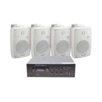 KIT de Amplificador de 120W para Escritorio | 4 Altavoces de Pared color Blanco 2.5W - 20W | Sistema 70/100V — EPCOM PROAUDIO · SKU SFB120/4WSW