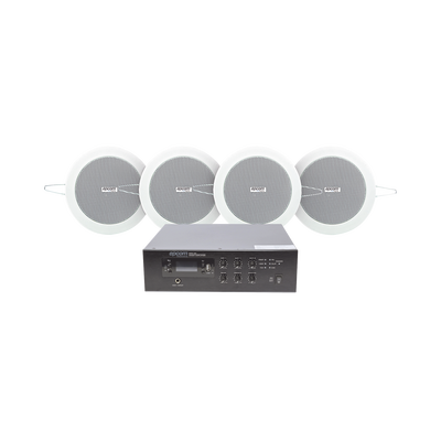 KIT de Amplificador de 120W para Escritorio | 4 Altavoces de Plafón de 4in | 3 - 6W | Sistema 70/100V — EPCOM PROAUDIO · SKU SFB120/4CS