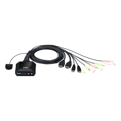 Conmutador KVM con cable HDMI 4K USB de 2 puertos con selector de puerto remoto |  4096x2160 @ 60Hz (4K DCI) | HDCP 2.2 |  Jack 3.5mm (Audio/Micrófono) | Conecta y controla 2 equipos con un solo monitor, teclado y mouse — ATEN · SKU CS22H