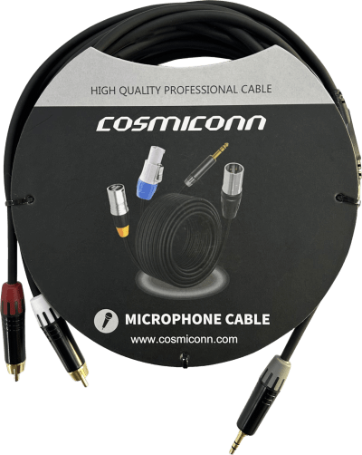 Cable 3.5mm a 2 RCA, conectores negros, con diferenciador de blanco y rojo en RCA MT380-RD - MT380-WH - MTP3C-BG, length 5m — COSMICONN · SKU CMC220AS-TP-2RM-5-YBG1