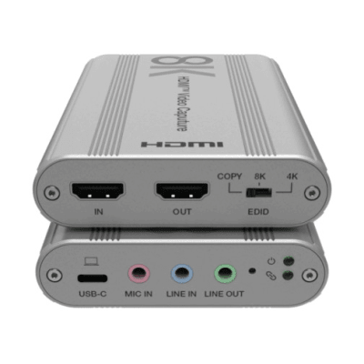 Tarjeta de Captura HDMI 8K a USB 3.2 Gen 1 | Resolución 8K@60Hz y 4K2K@144Hz | Ancho de Banda 48Gbps | Mezcla de Audio HDMI-Micrófono-Línea | Compatibilidad Multiplataforma Windows-macOS-Linux | Carcasa de Aluminio Plateado — EPCOM PROAUDIO · SKU EPCUH80