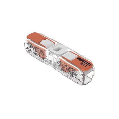 Conector de Instalación en Línea / CAGE CLAMP® con Palancas / 2 Polos / 4 mm² Máx. (12 AWG) / Transparente / 600V UL / 32A / IP20 / T85 85°C — WAGO · SKU 221-2401