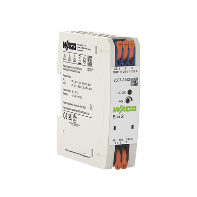 Fuente de Alimentación Eco 2 / Monofásica / 24V DC / 1.25A / 30W / Push-in CAGE CLAMP® / Carril DIN / SELV-PELV / IP20 — WAGO · SKU 2687-2142
