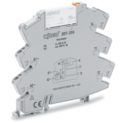 Módulo con Relé / 24-230V AC/DC / 1 Inversor / 6A Corriente Permanente / Push-in CAGE CLAMP® / LED Indicador / IP20 / Carril DIN-35 — WAGO · SKU  857-359